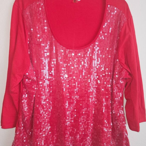 Red Sequin Holiday Party Occassion Top 1X, 3/4 jersey Sleeve - Picture 2 of 4